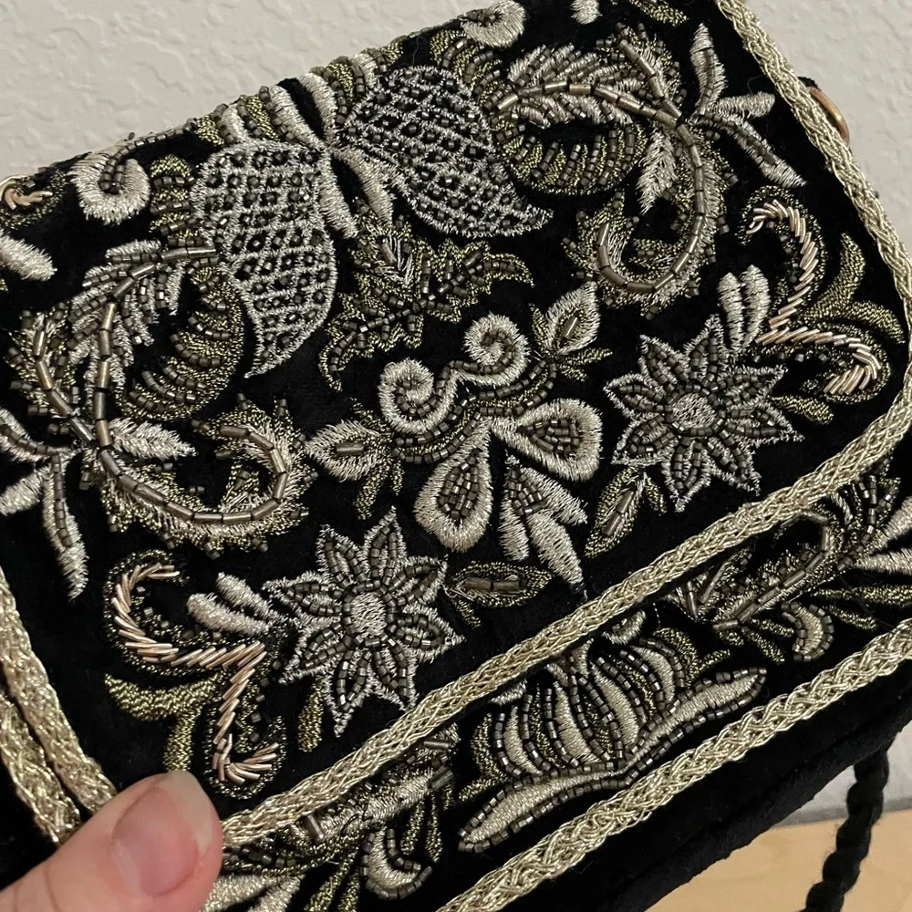 Vintage Chico’s Black Metallic Embroidered Long Strap Shoulder Bag